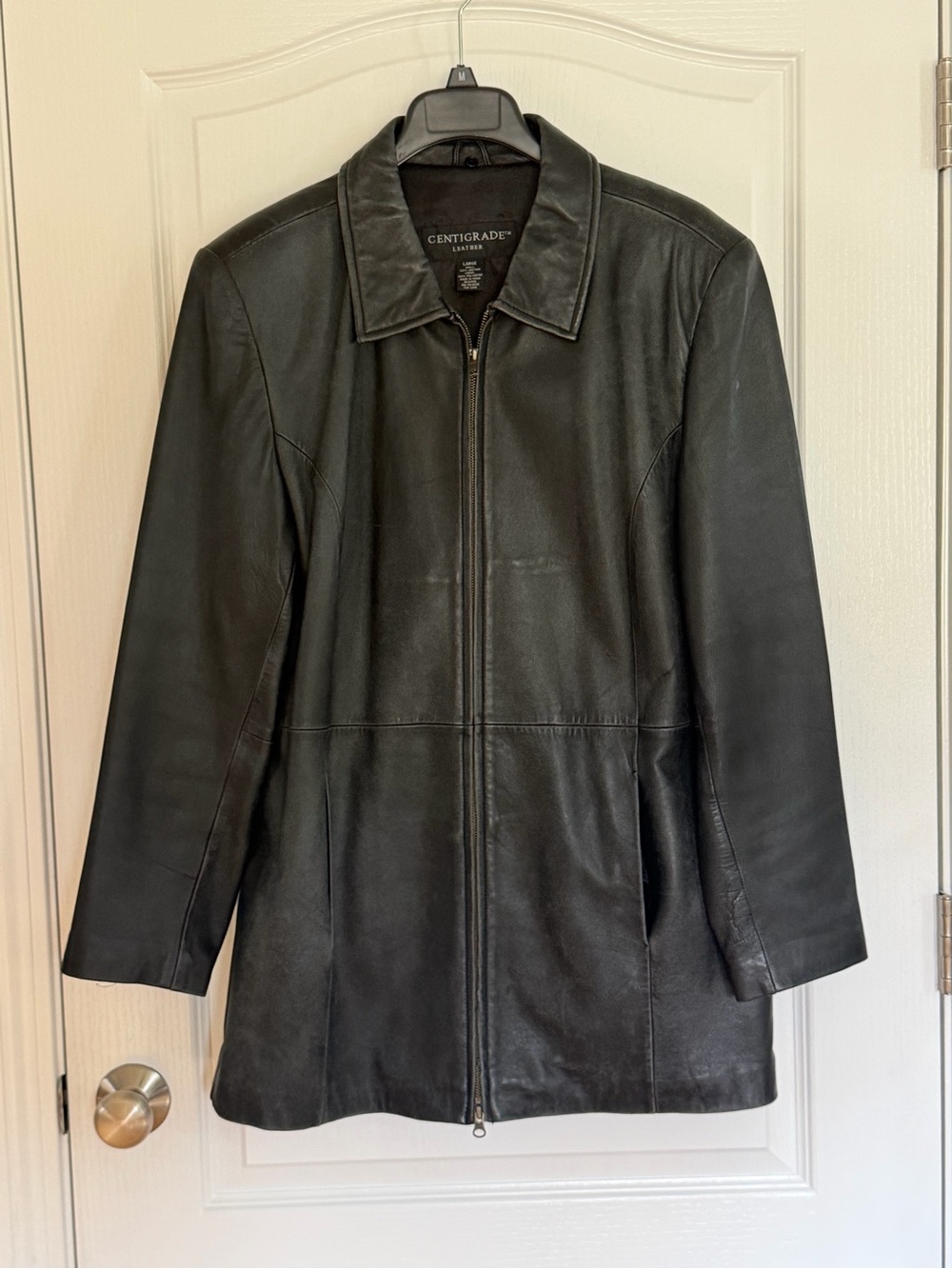 Women’s Black Leather Zip-Front Jacket, sz Lg
